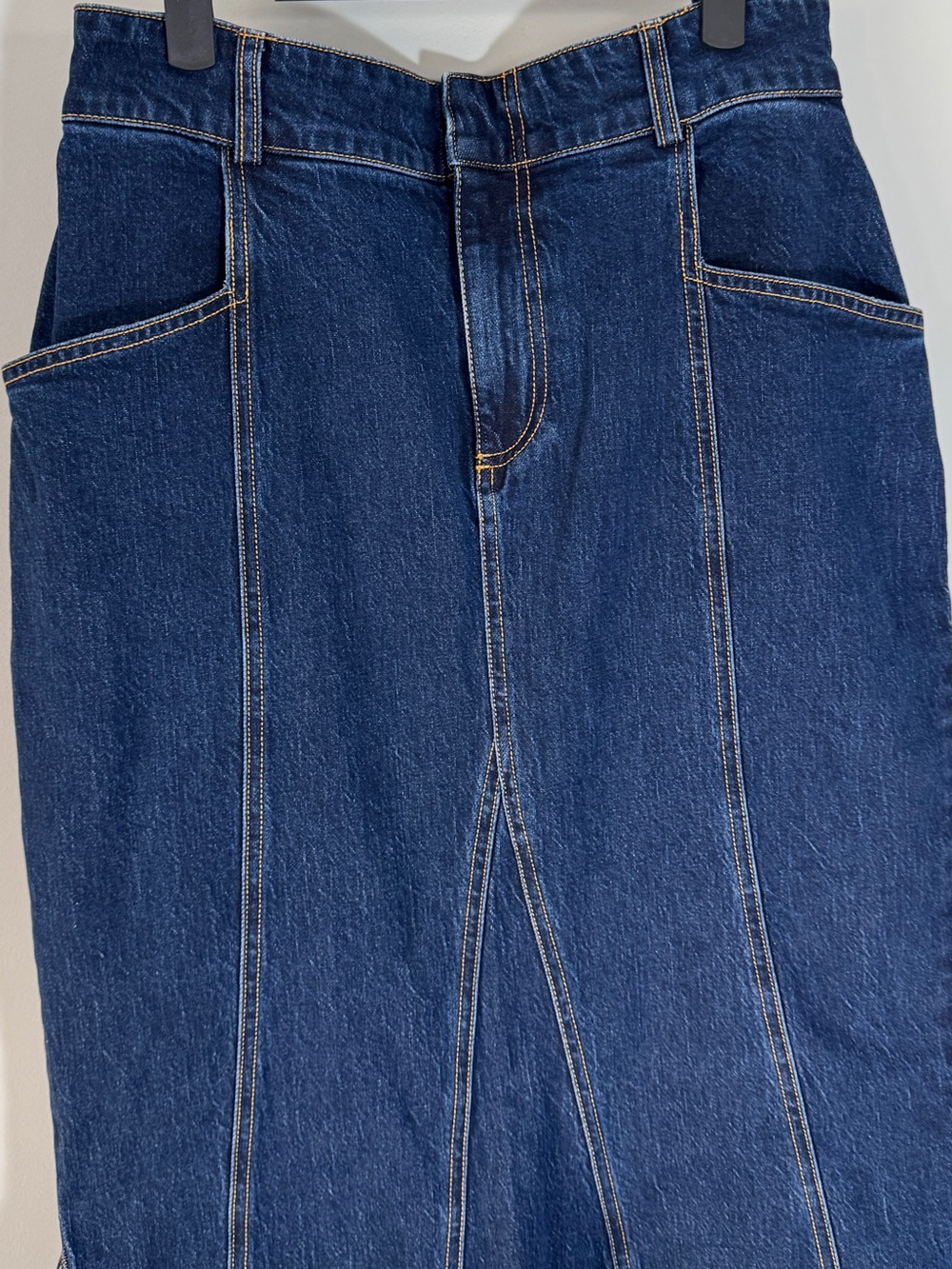 Anthropologie Pilcro Godet Flare Tulip Mermaid Denim Maxi Skirt Dark Wash Size 6 - Picture 8 of 16